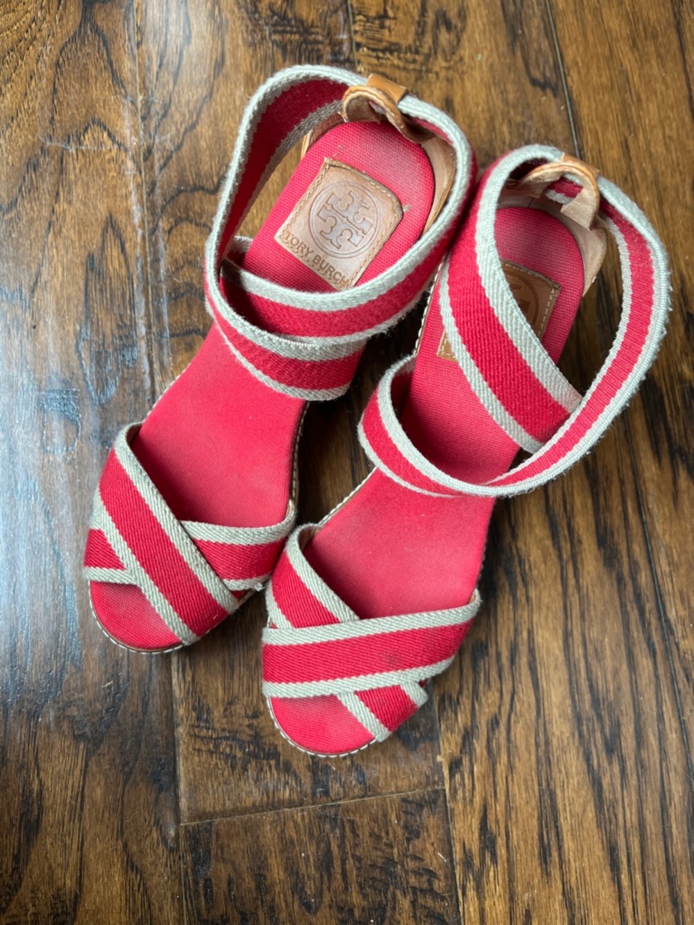 Tory Burch Red Canvas Wedge Sandals with Tan Trim Size 9B